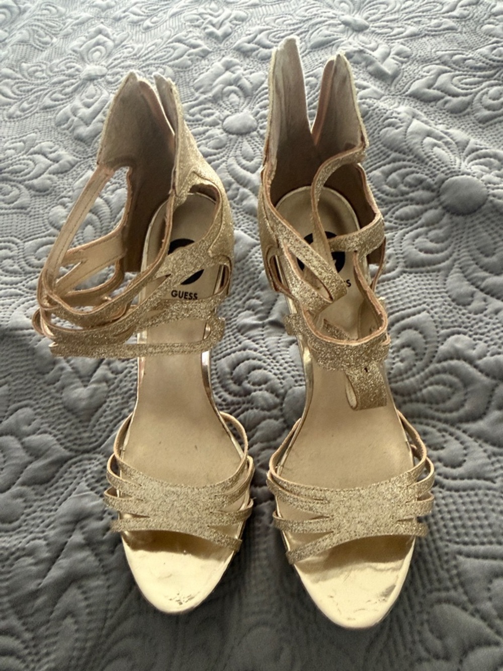 GUESS Gold Glitter Strappy High Heel Sandals